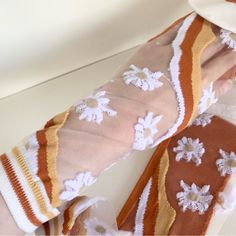 Brand New. Never Worn. Sheer Socks With Floral Embroidered Daisy Flowers. Approx 8” From Heel To Toe. Approx 15” Total Length Trendy Orange Socks For Spring, Trendy White Socks For Spring, Trendy White Summer Socks, White Socks For Spring, White Stretch Socks For Spring, Shaping Tights, Floral Socks, Lace Stockings, Sheer Socks