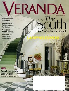 the front cover of veranda magazine featuring an elegant staircase and foyer with black and white checkered flooring