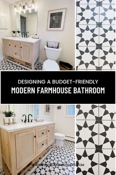 the bathroom is decorated in black and white tile, with an interesting pattern on the floor