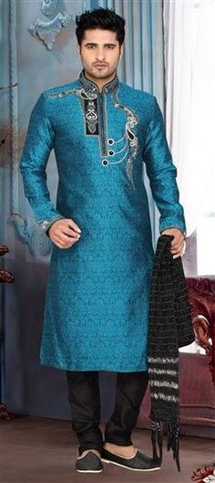 Blue color Kurta Pyjamas in Brocade, Jacquard fabric with Bugle Beads, Cut Dana, Patch, Stone, Valvet work Elegant Blue Art Silk Kurta, Blue Long Sleeve Churidar For Reception, Long Sleeve Blue Salwar Kameez For Traditional Ceremonies, Ceremonial Blue Salwar Kameez With Traditional Drape, Blue Sherwani For Traditional Ceremonies With Traditional Drape, Traditional Blue Salwar Kameez For Ceremonial Occasions, Traditional Blue Ceremonial Salwar Kameez, Blue Sherwani With Pallu For Traditional Ceremonies, Elegant Blue Kurta For Traditional Ceremonies