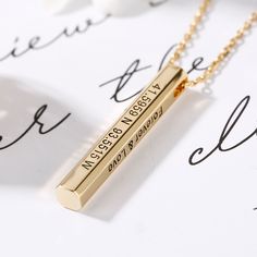 The long, vertical pendant that gives this necklace its chic, elegant appearance is embellished with the engraving of your choice. You can have it engraved just on a single side, or you can have all four sides personalized.Chain Type: Cable chainMaterial: 925 SilverPlating Color: Silver, Yellow Gold, Rose Gold Personalized Rectangular Pendant Jewelry, Personalized Gold Bar Necklace Gift, Gold Rectangular Necklace With Engraved Text, Gold Rectangular Necklaces With Engraved Text, Gold Engraved Bar Necklace For Mother's Day, Gold Rectangular Pendant With Engraved Text, Minimalist Rectangular Pendant Necklace With Engraved Text, Engraved Gold Bar Necklace For Mother's Day, Engraved Rectangular Pendant Bar Necklace As Gift