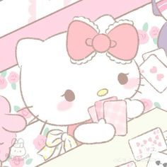 a hello kitty wallpaper with pink flowers and teddy bears on it's side