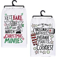 two towels with christmas movies on them and the words'let's bake, stuff