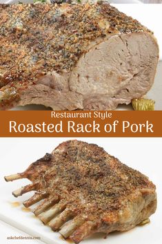 roasted rack of pork with herbs and seasoning on the side is shown in this image