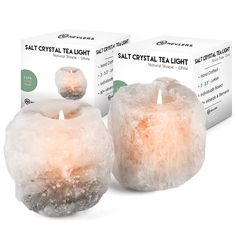 salt crystal tealight candle holders in front of two boxes with the same light on them