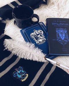 two harry potter books and a mug on a blanket