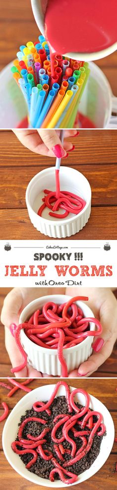 Are you looking for a gross dish for your Halloween party? Make these creepy crawlers — but don’t worry, take a few bites and you will see how tasty these jelly worms with oreo dirt can be! Edible Worms, Jello Worms, Jelly Worms, Buffet Halloween, Crushed Oreo, Oreo Dirt, Postres Halloween, Halloween Foods, Creepy Crawlers