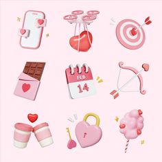 an assortment of various items on a pink background with hearts, arrows and other things