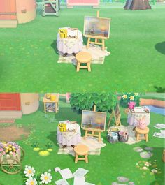 two pictures of an artist's studio in the grass