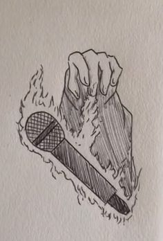 an ink drawing of a hand holding a microphone in front of a fire and water scene