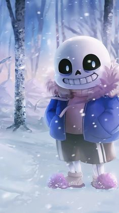 a cartoon skeleton is standing in the snow with its arms around his neck and eyes closed