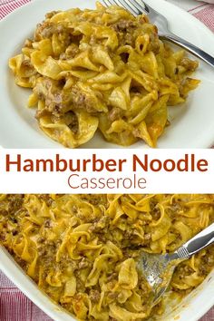 Collage of creamy hamburger noodle casserole with text Hamburger Noodle Casserole, Hamburger Meat Recipes Easy, Easy Ground Beef Casseroles, Ground Beef Recipe, Ground Beef Casserole Recipes, Easy Ground Beef