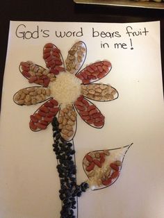 a flower made out of seeds and nuts on a piece of paper that says god's word bears fruit in me