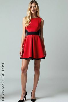 Olivia Mark - Sassy Red and Black Contrast Skater Dress Red Chic Fit And Flare Mini Dress, Red Fit And Flare Mini Dress For Night Out, Flared Skirt, Fitted Bodice, Olivia Mark, Knee Length Dress, Vibrant Red, Flare Skirt, Skater Dress