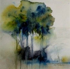 an abstract painting of two trees in the foreground