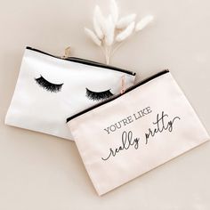 Cute cosmetic bags with sayings are a fun way to package up your bridesmaid gifts or put together a holiday or birthday gift for your friend.  Each cotton canvas bag comes personalized with your choice different sayings such as "you're like really pretty" or "hello beautiful" - and some like "wifey" and "bride tribe which would be perfect for your bridesmaids. Fill them with compact mirrors, sunglasses, lip balms, and other gifts.
NO OTHER ITEMS INCLUDED. Bag ships flat & empty.
Bag Color Options
Style Color Options
Material: 100% Cotton Canvas
Size: 6"H x 8.5"W You're Like Really Pretty, Inexpensive Holiday Gifts, Youre Like Really Pretty, Canvas Cosmetic Bag, Bride Tribe, Lip Balms, Funny Sayings, Makeup Bags, Hello Beautiful