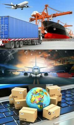 there are two pictures with different types of transportation and shipping related items on the same page