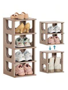 three shelves with different types of shoes on them