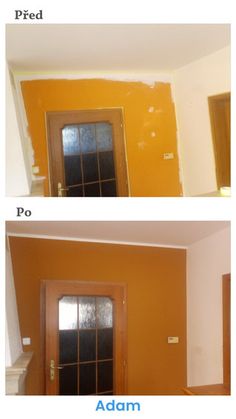 before and after shots of an orange painted room with wood doors, window panes, and door frame