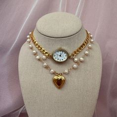 Watch Necklace with Pearls and Heart Locket Watch Choker Necklace in Working Condition Hand made necklace.  Amazing Watch Choker, Keeps Time! Diy Heart Necklace, Vintage Pearl Necklace With Chain As Gift, Vintage Metal Pearl Necklace As Gift, Vintage Metal Pearl Necklace Gift, Vintage Metal Pearl Necklace For Gift, Heart Necklace Outfit, Layering Accessories, 1980s Necklace, Pearl Ideas