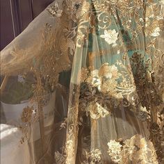 Flew To San Fran For This Fabric. Gold French Floral Lace. A Premade Dress Ended Up Being Selected For The Event But This Is Perfect For A Wedding Veil, Gown Or Formal Dress. 3 Yards. Gold Lace Wedding Dress, French Lace Dress, Beaded Fabric, French Floral, Lace Material, San Fran, Fabric Beads, Gold Lace, Green Lace