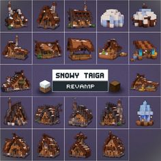 the snowy taiga map is shown in several different styles and sizes, including buildings