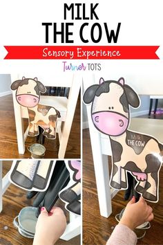 a collage of pictures showing how to make a milk cow cutout for a fine motor experience