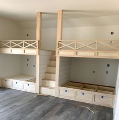 the bunk beds are built into the wall in the room that is being used for storage