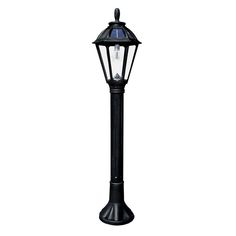 a black lamp post with a light on it's top and one light on the side