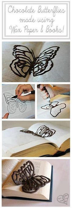 an open book with butterflies drawn on it and the words chocolate butterfly made using wax paper and