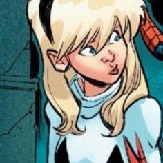 a cartoon character with blonde hair wearing a spider - man costume and looking at the camera