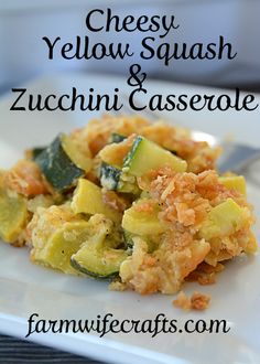 cheesy yellow squash and zucchini casserole on a white plate