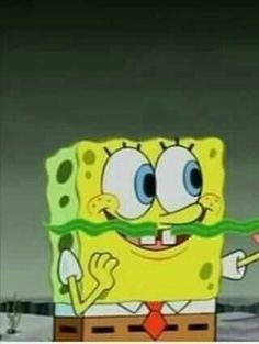 an animated spongebob character with green hair and big eyes holding up his hand