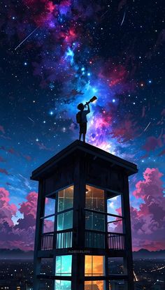 a person standing on top of a building under a sky filled with stars