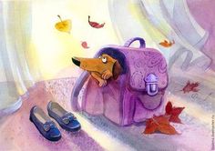 a painting of a dog sitting in a purple bag next to some shoes and leaves