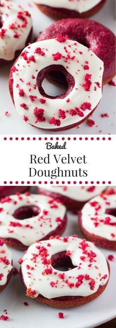 red velvet doughnuts with white frosting and sprinkles