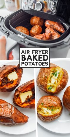 air fryer baked potatoes with butter and parmesan cheese in the middle on a white plate