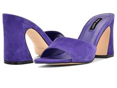 Nine West Ulala - Women's Shoes : Purple : Complete your look with the chic and sexy Nine West Ulala sandals. Leather upper. Synthetic lining. Open round toe silhouette. High block heel. Easy slip-on style. Durable synthetic outsole. Imported. Measurements: Heel height: 3.35. Trendy Mules With Contrasting Heel For Party, Trendy Mules With Contrasting Heel Counter For Party, Summer Night Out Sandals With Contrasting Heel, Summer Party Block Heels With Contrasting Heel, Chic Slip-on Block Heels, Summer Night Out Mules With Stacked Heel, Summer Mules With Sculpted Heel For Night Out, Evening Stacked Heel Slip-on Heels, Evening Slip-on Heels With Stacked Heel