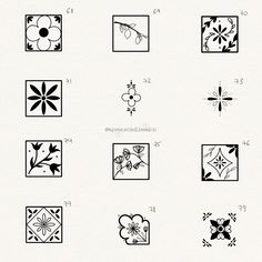 the different types of flower designs are shown in black and white, with numbers on each side