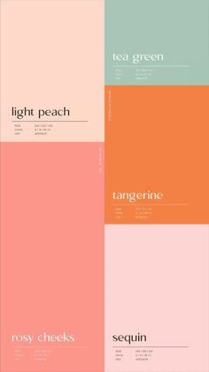 four different colored squares with the words tea green, light peach and tangerine