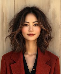 Chic Wavy Lob with Dark Fall Hair Colors Asian 🍂 Short Wavy Asian Hair, Fall Hair Asian, Dark Hair Color Inspiration, Asian Long Bob Haircut, Shoulder Length Asian Hair, Medium Asian Haircut, Long Bob Asian, Highlights For Asian Hair