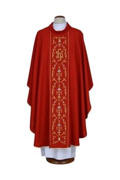 Embroidered red chasuble - IHS Chasuble decorated with embroidery made of light, airy fabric. The fabric used for the chasuble is delicate and crease-resistant, suitable for standard washing and ironing, making it practical and ideal for frequent use. The fabrics' quality primarily helps preserve the color and shade given to the chasuble. The chasuble is finished with gold piping--universal size. Luxury Red Ceremonial Chasuble, Priestly Garments, Poland, Embroidery, Red, Fabric, How To Wear, Clothes, Color