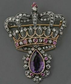 Antique Diamond Brooches For Collectible, Ornate Diamond Jewelry Collectible, Ornate Diamond Jewelry For Collectors, Ornate Collectible Diamond Jewelry, Elegant Purple Brooches For Anniversary, Antique Diamond Brooch Jewelry, Antique Jeweled Jewelry For Anniversary, Ornate Diamond Brooch As Gift, Ornate Diamond Brooch Gift