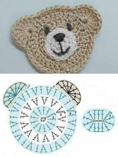 crocheted teddy bear head and coasters are shown in two different photos, one is brown and the other is blue