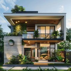 a modern house with lots of windows and plants on the front porch, surrounded by greenery