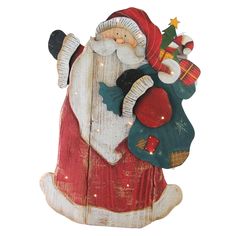 a wooden santa clause holding a sack of presents with lights on it's back