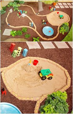 a child's play area with toy trucks and cars in the sand on the ground