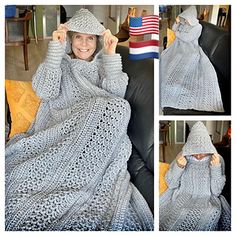 a woman sitting in a chair wearing a crocheted blanket and holding her hands up to her head