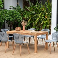 a wooden table with four chairs and a potted plant in the middle of it