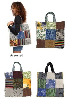 three bags with different patterns and designs on them, one has a woman's handbag